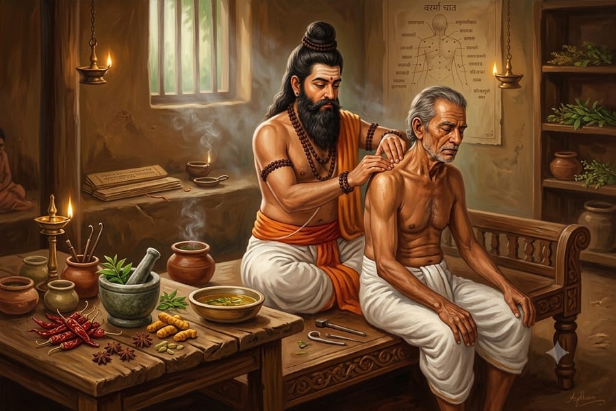 Agathiyar, the first Siddhar, practicing Varma therapy on a patient beside a Varma point chart