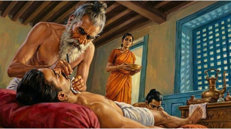 Sushruta, the ancient sage of Ayurvedic surgery, performing a procedure